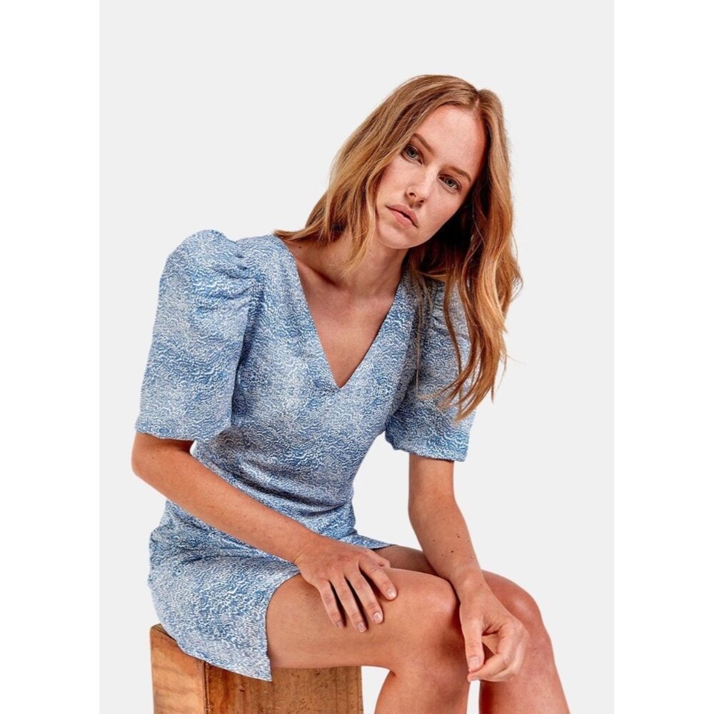 AS by DF Ischia Print Puff Sleeve Mini Dress in‎ Blue Size S
